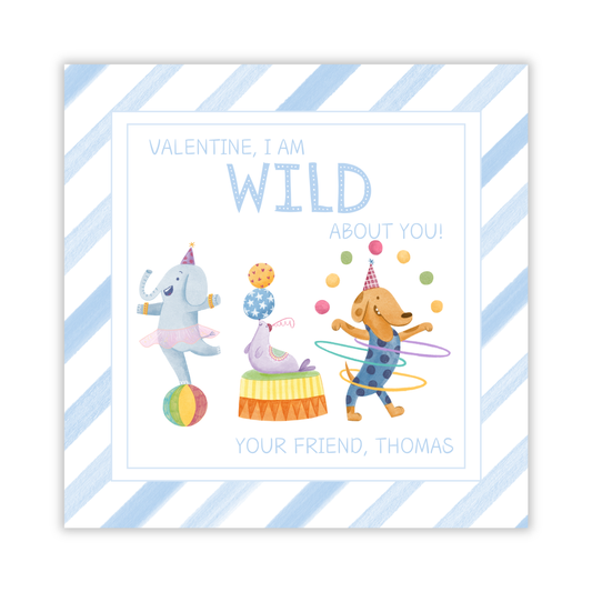 valentine gift tag with blue watercolor stripes and cartoon circus animals, wild about you valentine, ShooFly Paper Co. Auburn, Alabama