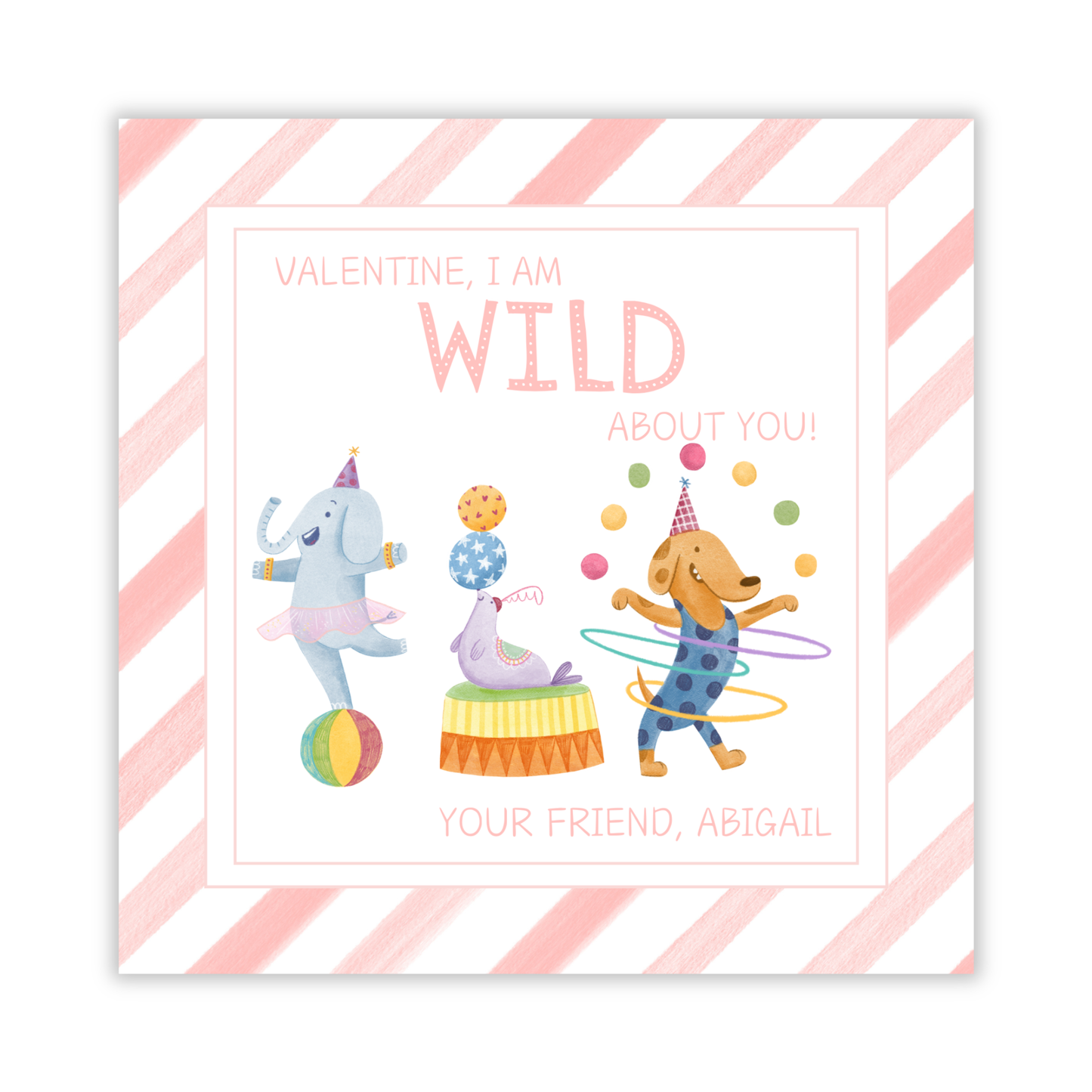 valentine gift tag with pink watercolor stripes and cartoon circus animals, wild about you valentine, ShooFly Paper Co. Auburn, Alabama