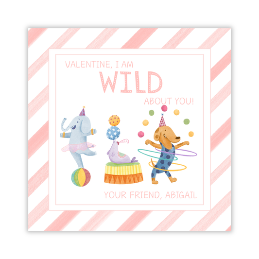 valentine gift tag with pink watercolor stripes and cartoon circus animals, wild about you valentine, ShooFly Paper Co. Auburn, Alabama