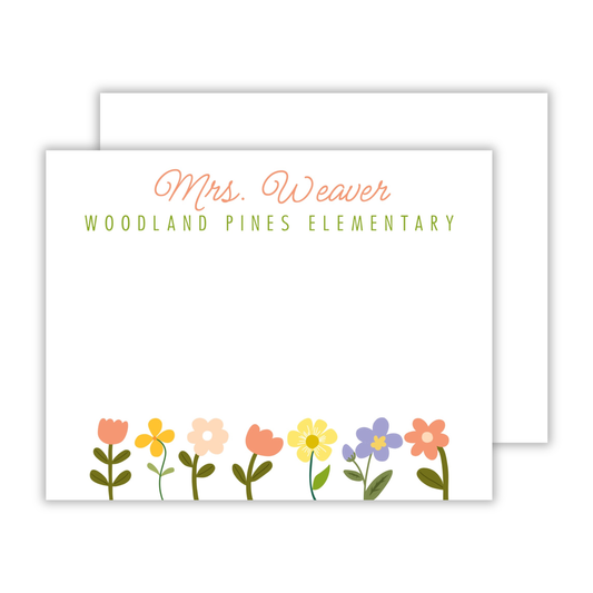 personalized notecard set with muted wildflowers across the bottom and teacher name and school name across the top, ShooFly Paper Co. Auburn, Alabama