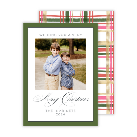 photo christmas card with green border and watercolor christmas plaid back, ShooFly Paper Co. Auburn, Alabama