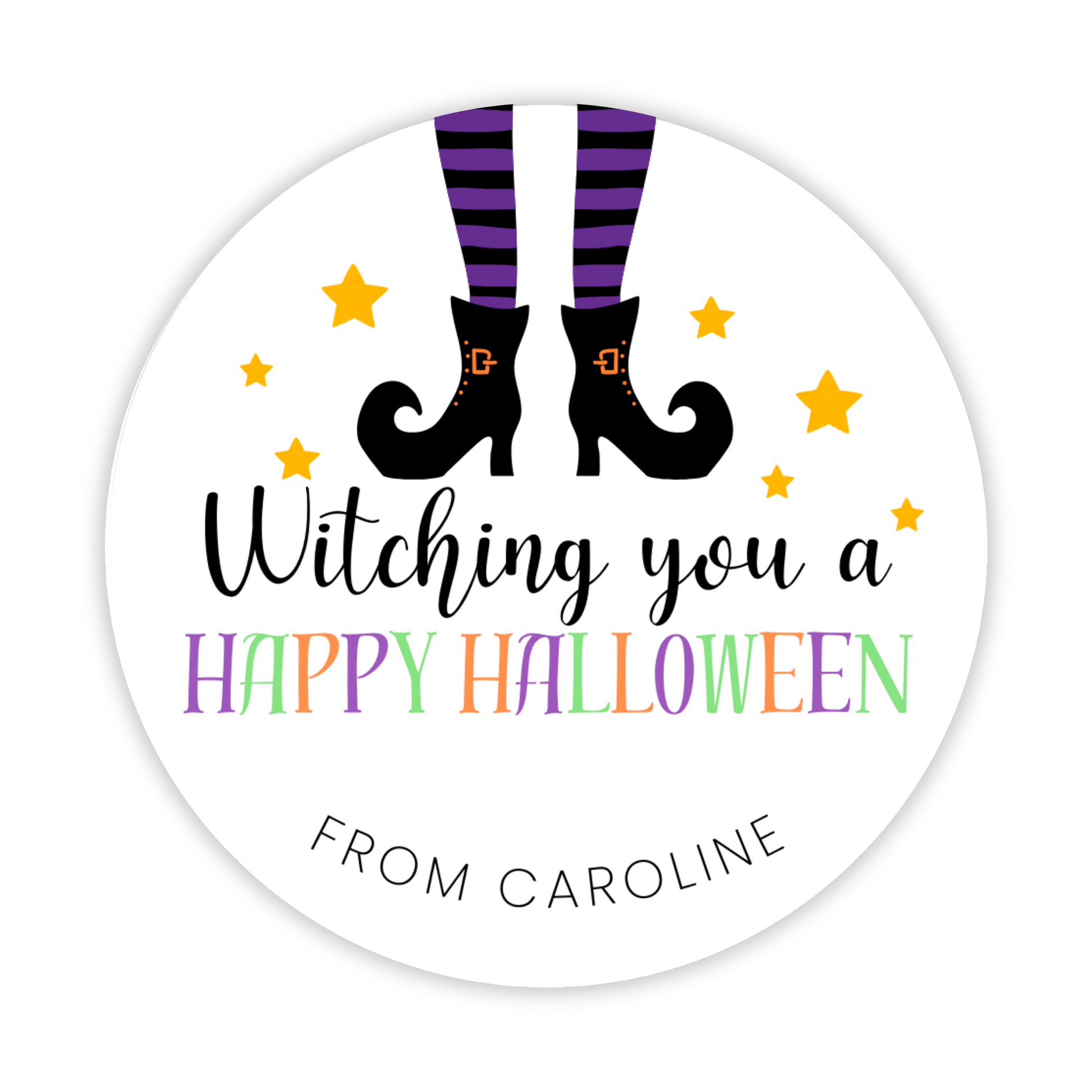 round halloween gift tag with witch legs; ShooFly Paper Co. Auburn, Alabama