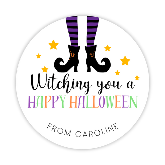 round halloween gift tag with witch legs; ShooFly Paper Co. Auburn, Alabama