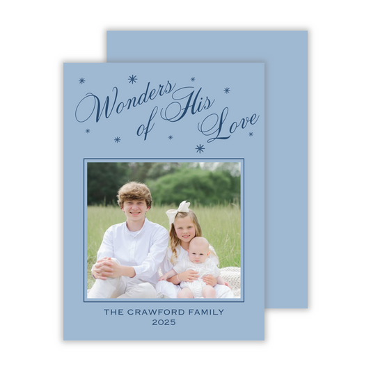 elegant christmas card with scrip wonders of his love in shades of blue, ShooFly Paper Co. Auburn, Alabama