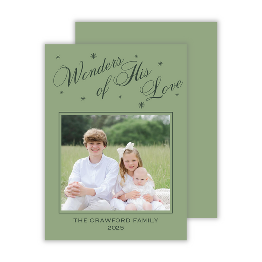 photo christmas card with script wonders of his love text in shades of green, ShooFly Paper Co. Auburn, Alabama
