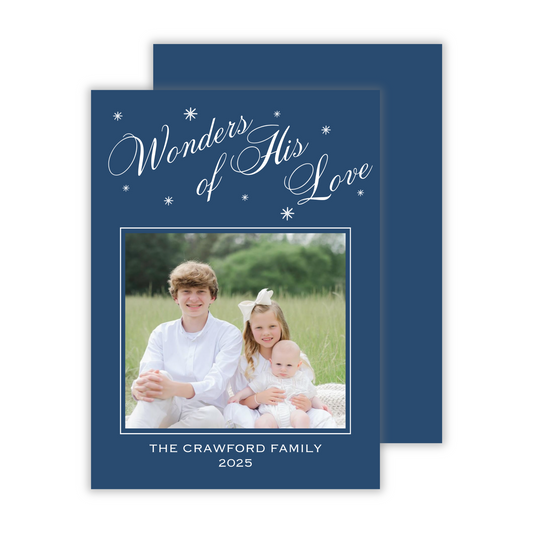 photo christmas card with script wonders of his love text, ShooFly Paper Co. Auburn, Alabama