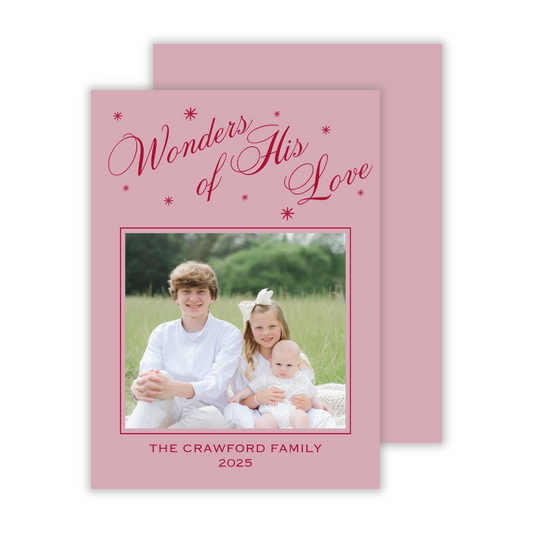 elegant photo christmas card with script wonders of his love text, ShooFly Paper Co. Auburn, Alabama