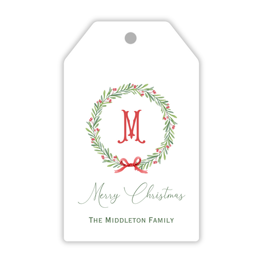 personalized christmas gift tag with simple dainty wreath with bow and initial, ShooFly Paper Co. Auburn, Alabama