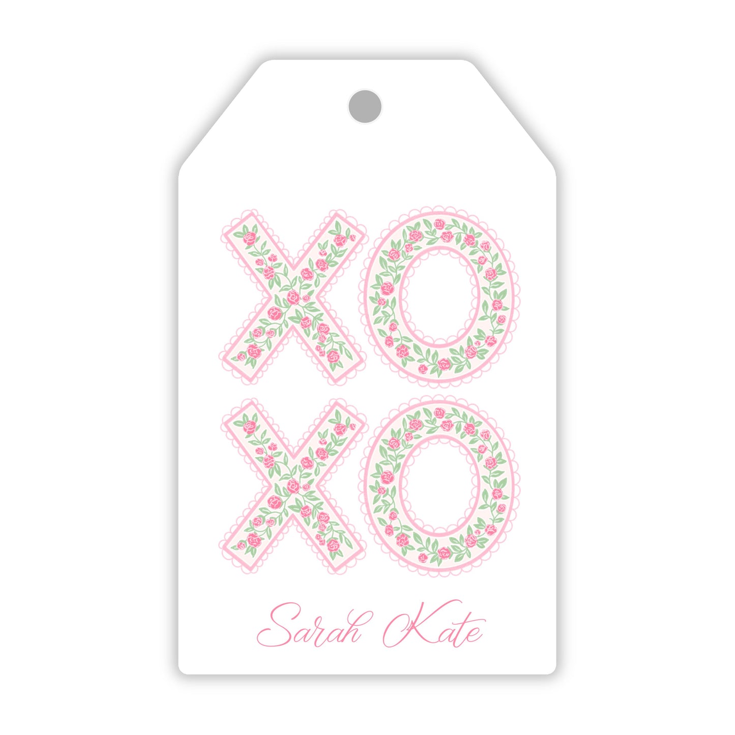 personalize pink and white valentine gift tag with floral XOXO with scalloped edge, ShooFly Paper Co. Auburn, Alabama