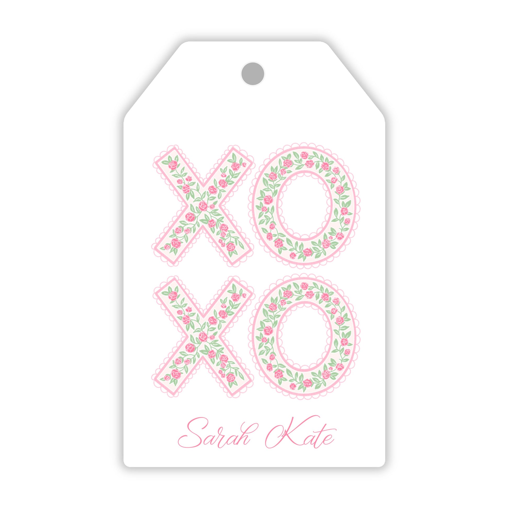 personalize pink and white valentine gift tag with floral XOXO with scalloped edge, ShooFly Paper Co. Auburn, Alabama