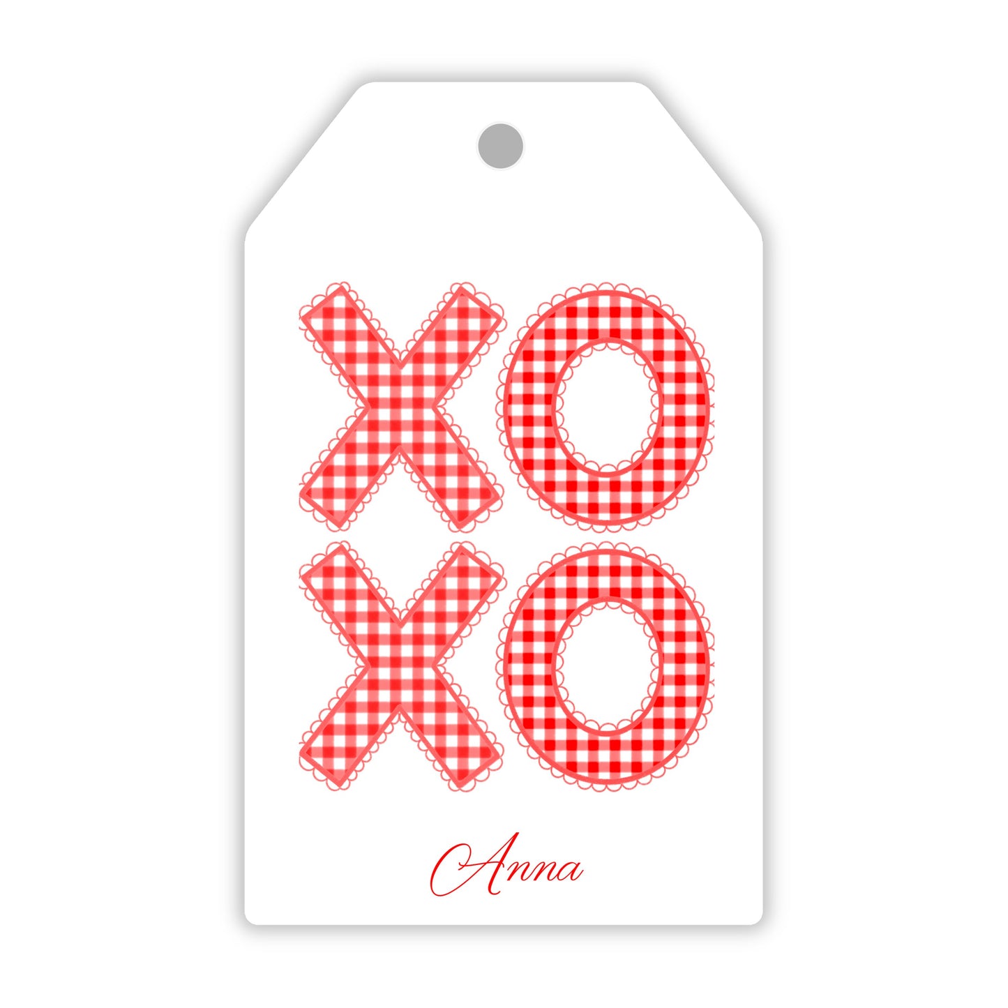 personalize red and white valentine gift tag with gingham XOXO with scalloped edge, ShooFly Paper Co. Auburn, Alabama