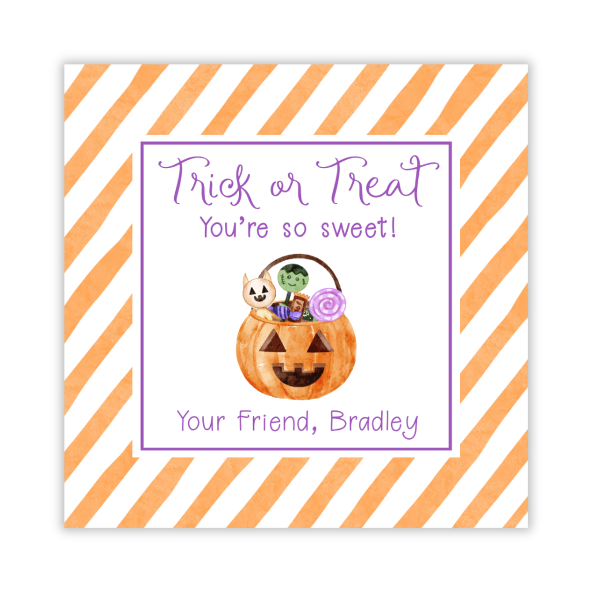 personalized gift tag with a silly jack-o-lantern treat bucket and trick or treat text, ShooFly Paper Co. Auburn, Alabama