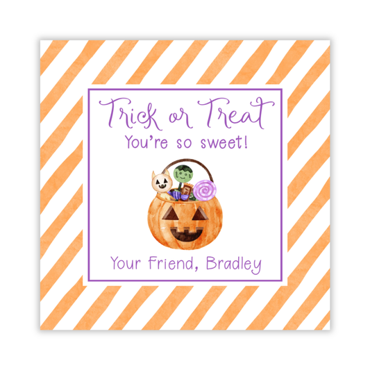 personalized gift tag with a silly jack-o-lantern treat bucket and trick or treat text, ShooFly Paper Co. Auburn, Alabama